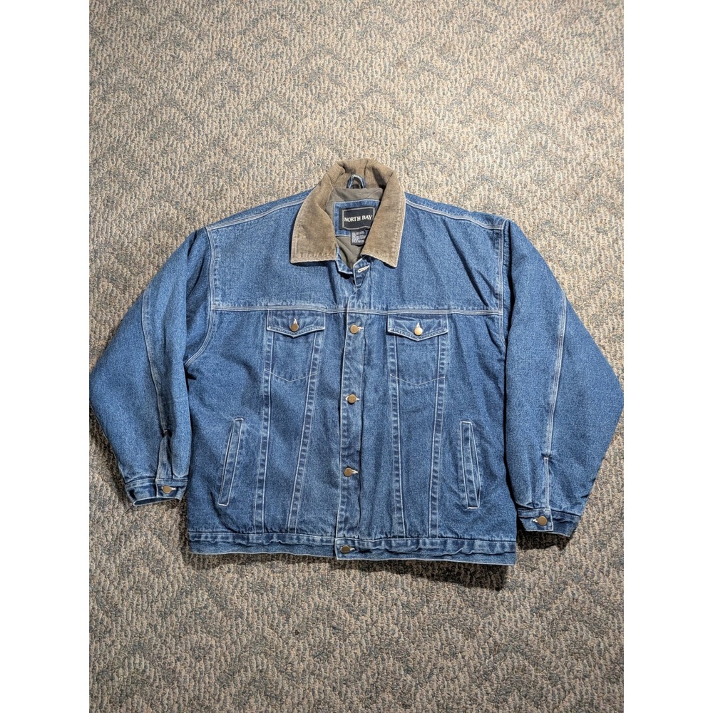 North Bay Mens XL Denim Trucker Jacket Blue Corduroy Collar Quilted Lined Vtg
